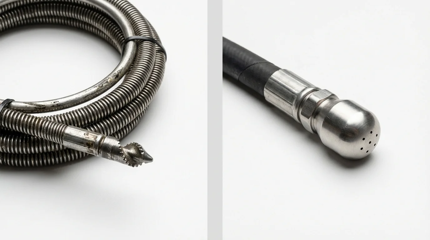 Drain snake cable and hydro jetting nozzle used for drain cleaning in Mayer, MN