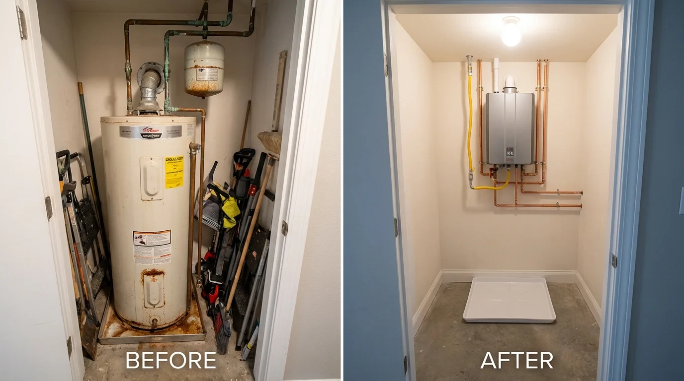 Tank water heater versus wall-mounted tankless unit comparison for Mayer, MN homeowners