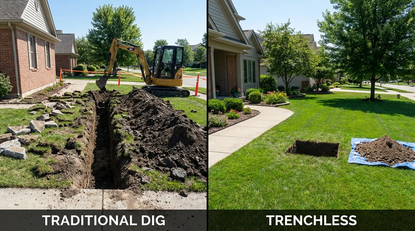 Trenchless sewer repair with minimal yard damage versus traditional excavation in Mayer, MN