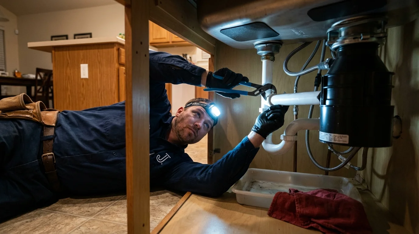 P-trap and supply line connections under a kitchen sink showing a common leak point in Mayer, MN